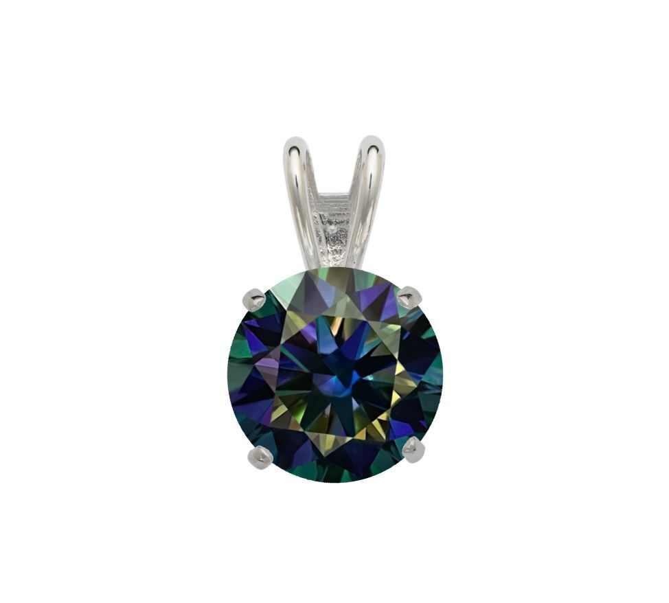 14K Gold GRA Certified D-VVS1 Round Rainbow Blue Moissanite Pendant