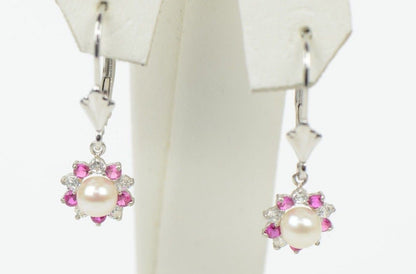 Sterling Silver 925 White Pearl Flower CZ Dangle Earrings