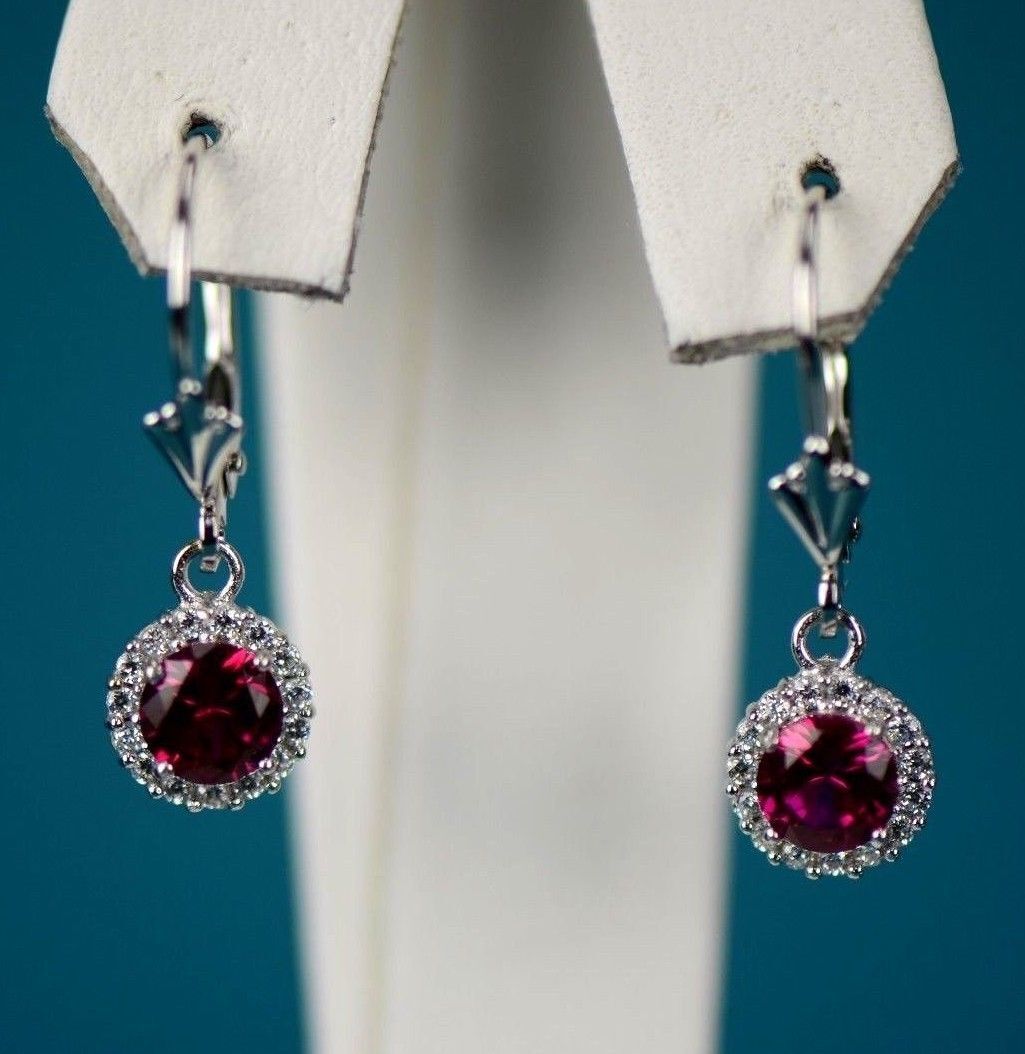 Sterling Silver 925  Halo Dangle Round Leverback Pierced Earrings Birthstone