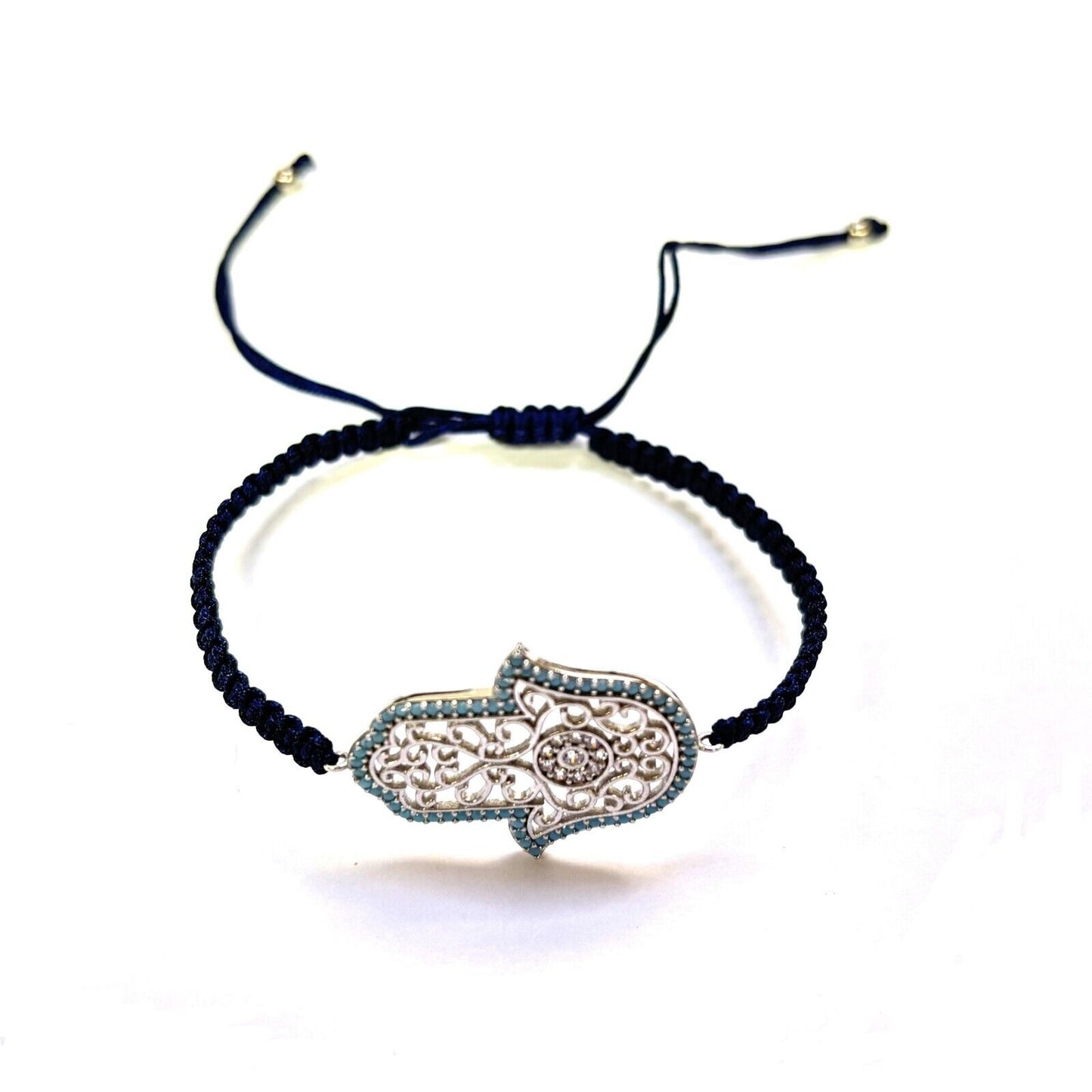 925 Sterling Silver  C Z Hamsa Bracelet 6" Adjustable to 11"