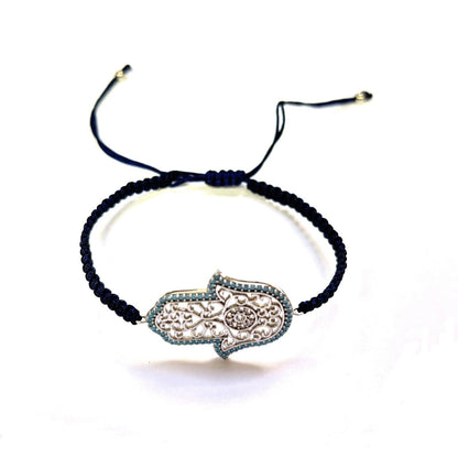 925 Sterling Silver  C Z Hamsa Bracelet 6" Adjustable to 11"