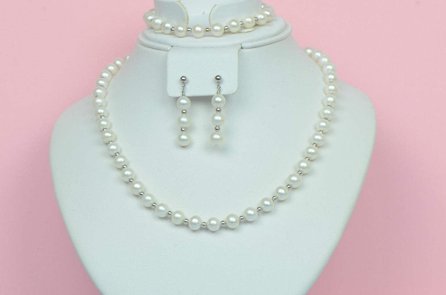 14K White Gold Natural White genuine Pearl Necklace, Bracelet, Earrings Set