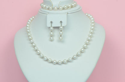 14K White Gold Natural White genuine Pearl Necklace, Bracelet, Earrings Set