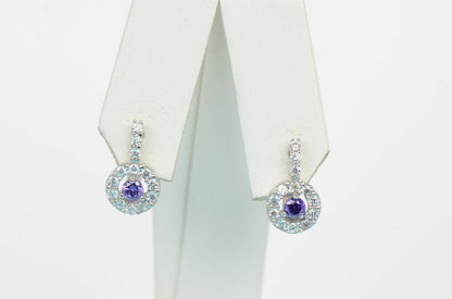 Sterling Silver with Birthstone Round Leverback Halo Earrings Gemstone