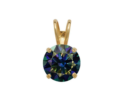 14K Gold GRA Certified D-VVS1 Round Rainbow Blue Moissanite Pendant