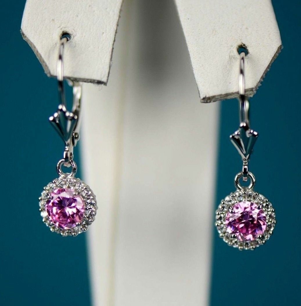 Sterling Silver 925  Halo Dangle Round Leverback Pierced Earrings Birthstone