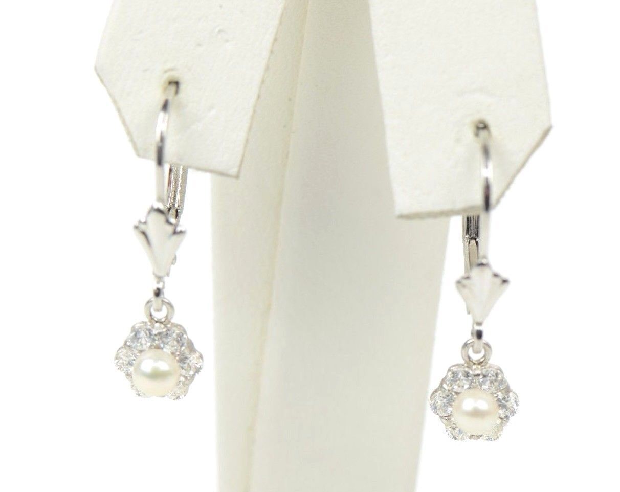 Sterling Silver 925 White Pearl Flower CZ Dangle Earrings