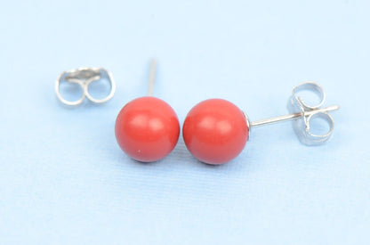 Sterling Silver 925 Red Round Coral Stud Earrings 4-8mm with Push Back