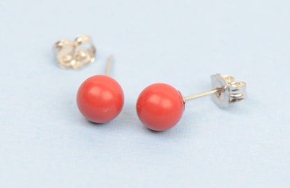 Sterling Silver 925 Red Round Coral Stud Earrings 4-8mm with Push Back