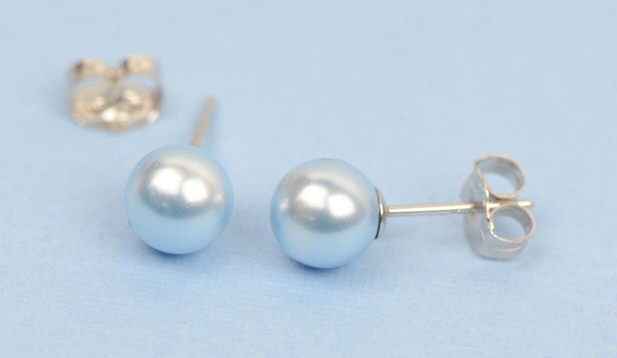 Swarovski blue Pearl Stud Earrings Crystal 925 Sterling Silver