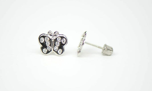 14K Solid White Gold Butterfly Screw Back Stud Earring with CZ