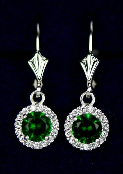 Sterling Silver 925  Halo Dangle Round Leverback Pierced Earrings Birthstone