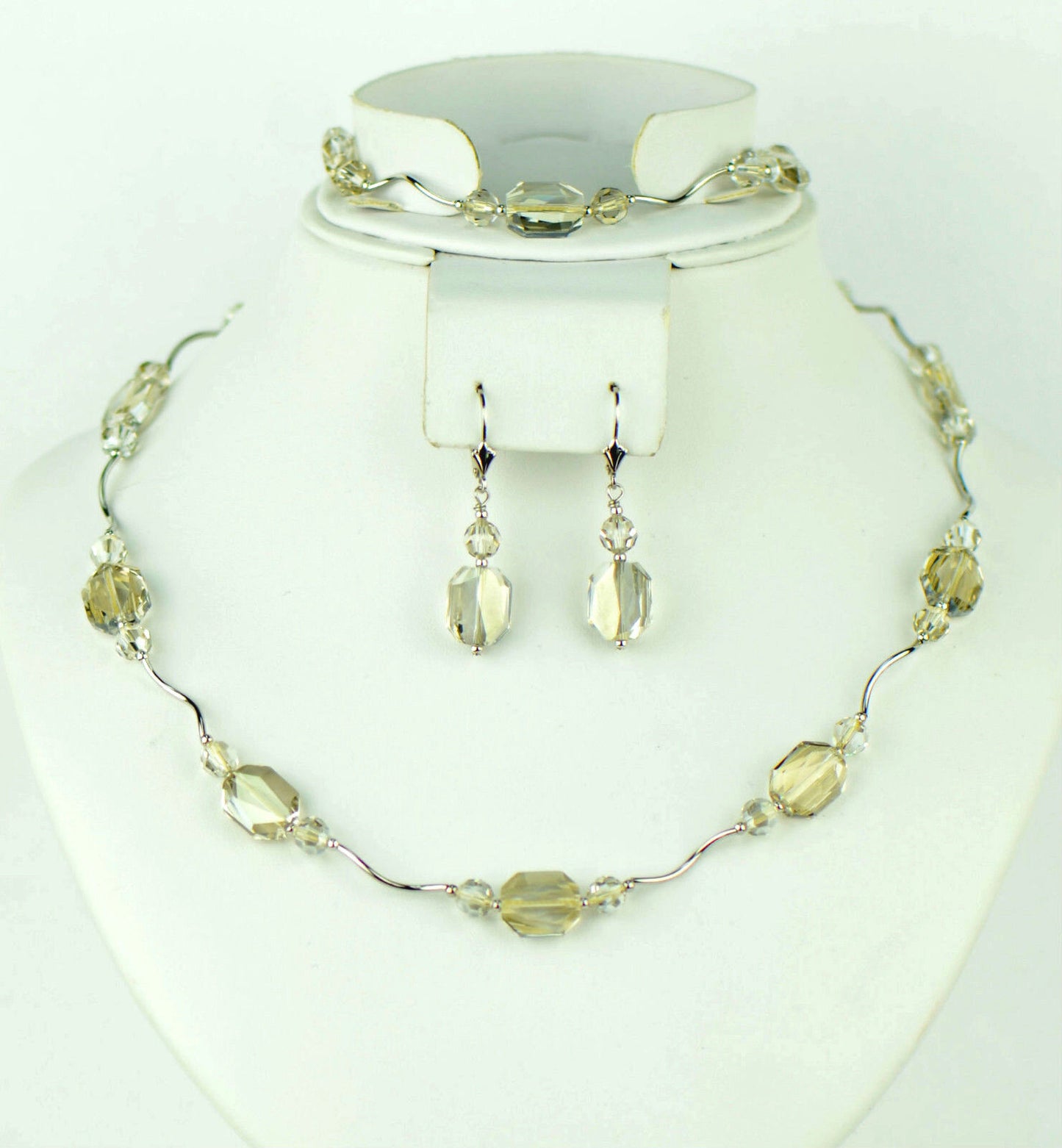 Sterling Silver Crystal Jewelry 3 PC Set Necklace Bracelet and earrings