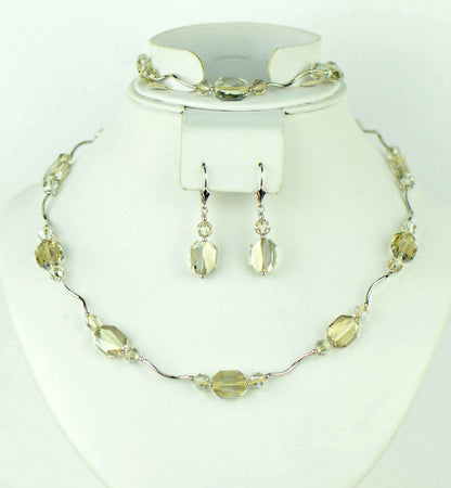 Sterling Silver Crystal Jewelry 3 PC Set Necklace Bracelet and earrings