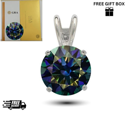 14K Gold GRA Certified D-VVS1 Round Rainbow Blue Moissanite Pendant