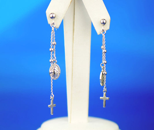 Sterling Silver Virgin Mary with Jesus Cross Dangle Earrings