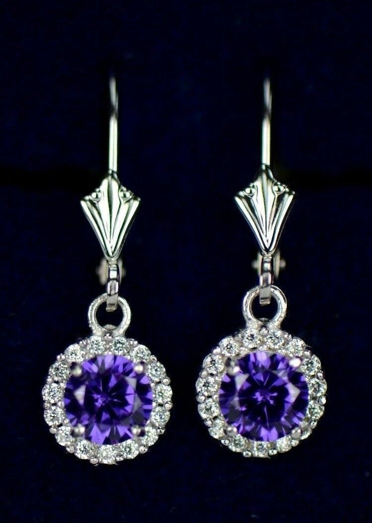 Sterling Silver 925  Halo Dangle Round Leverback Pierced Earrings Birthstone