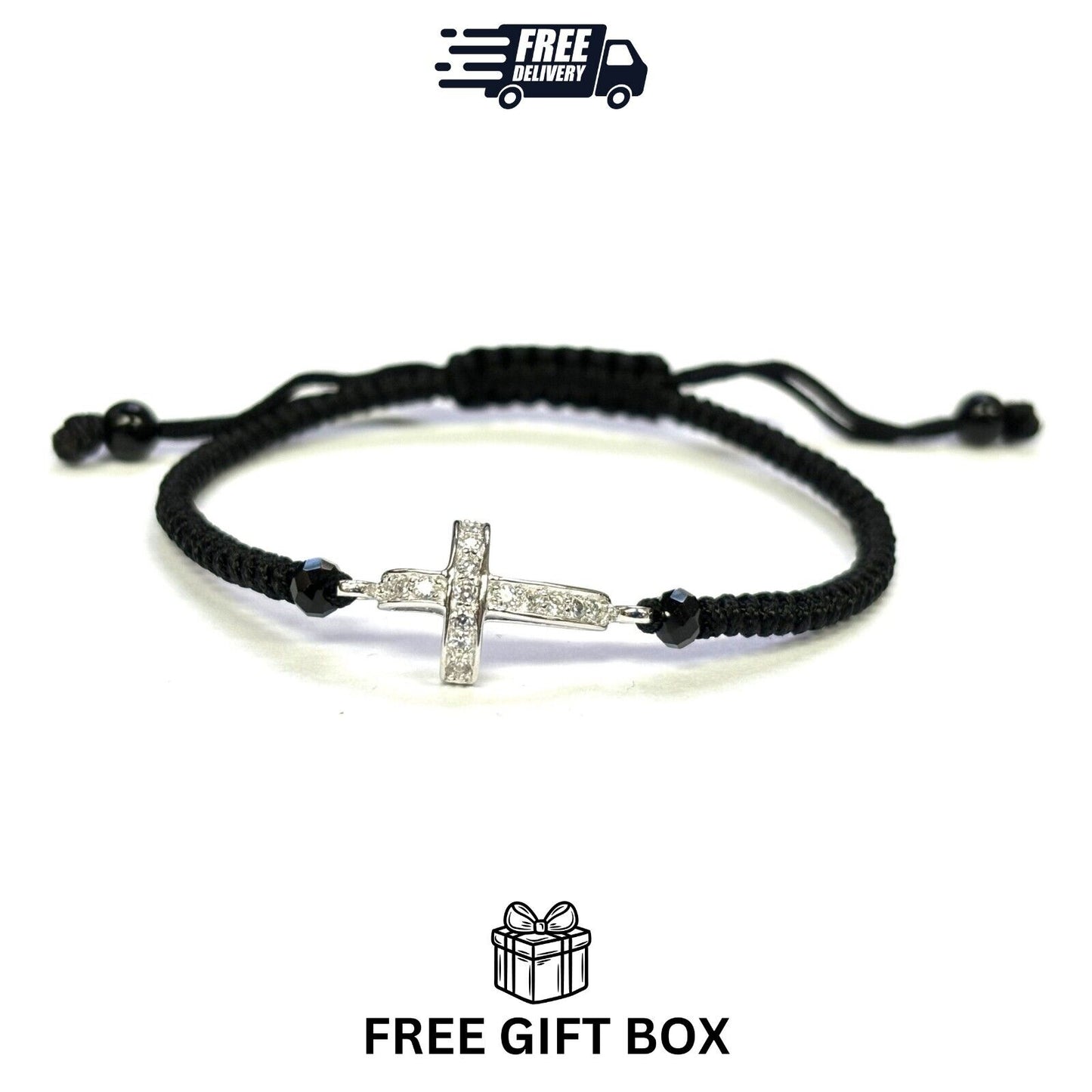 925 Sterling Silver String CZ Bracelet Cross 6" Adjustable to 11"