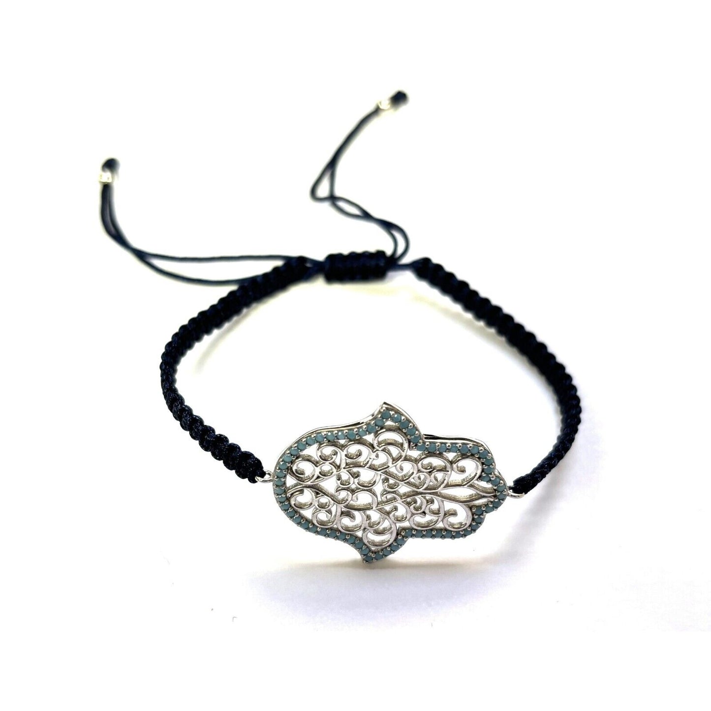 925 Sterling Silver  C Z Hamsa Bracelet 6" Adjustable to 11"