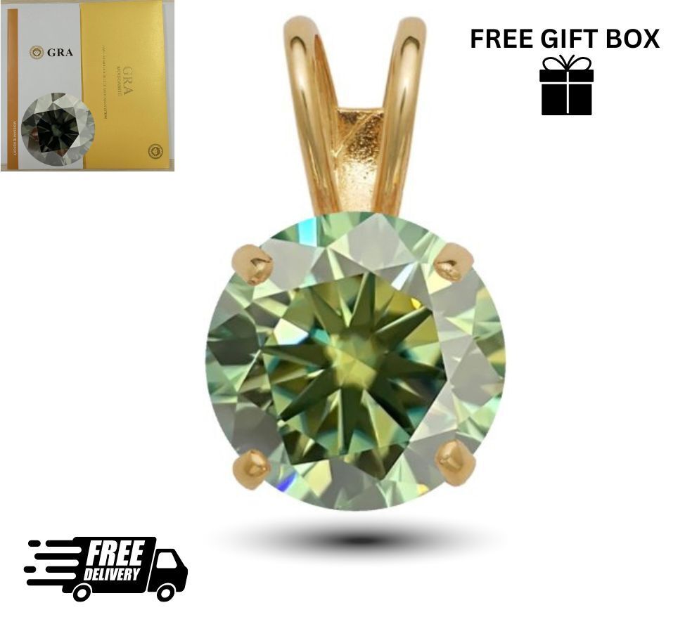 14K Gold GRA Certified D-VVS1 Round Green Moissanite Pendant