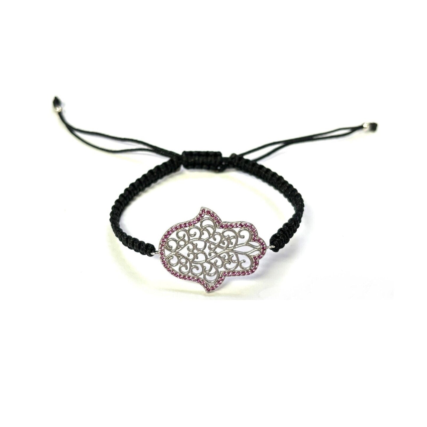 925 Sterling Silver  C Z Hamsa Bracelet 6" Adjustable to 11"