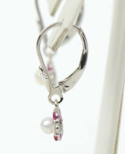 Sterling Silver 925 White Pearl Flower CZ Dangle Earrings