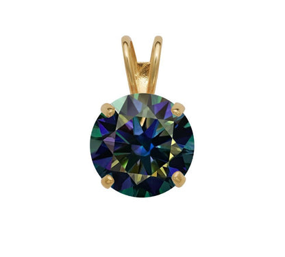 14K Gold GRA Certified D-VVS1 Round Rainbow Blue Moissanite Pendant