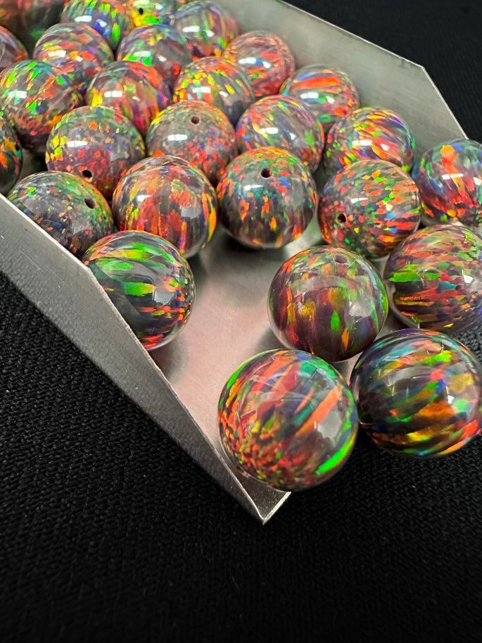 Half Drilled Fire Black Synthetic Lab Created Opal Round Beads