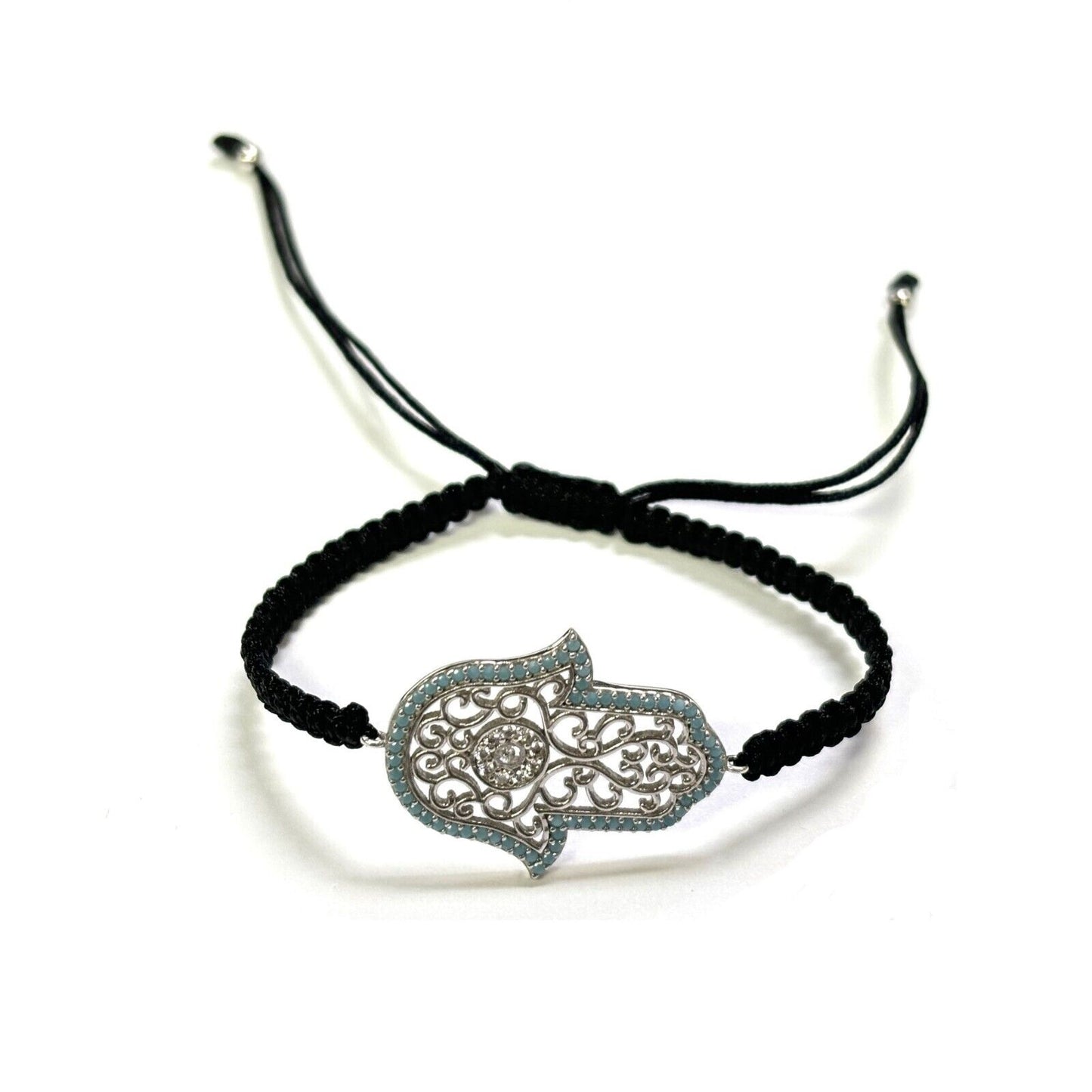 925 Sterling Silver  C Z Hamsa Bracelet 6" Adjustable to 11"