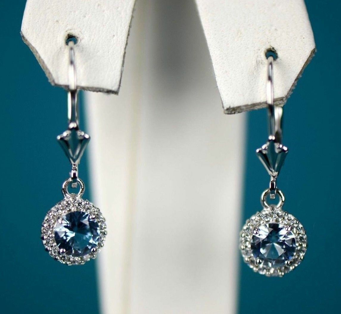 Sterling Silver 925  Halo Dangle Round Leverback Pierced Earrings Birthstone