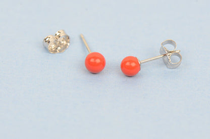 Sterling Silver 925 Red Round Coral Stud Earrings 4-10mm