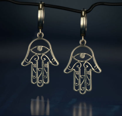 .925 Sterling Silver Dangle Hamsa Huggie Earrings