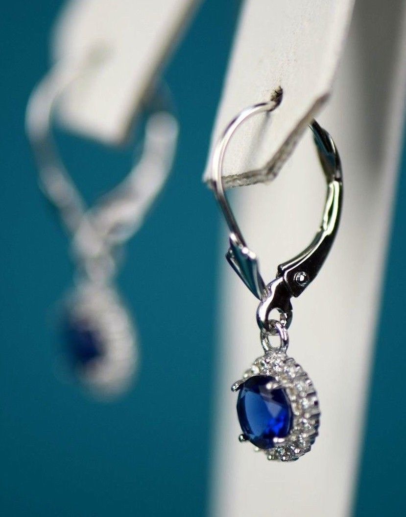 Sterling Silver 925  Halo Dangle Round Leverback Pierced Earrings Birthstone