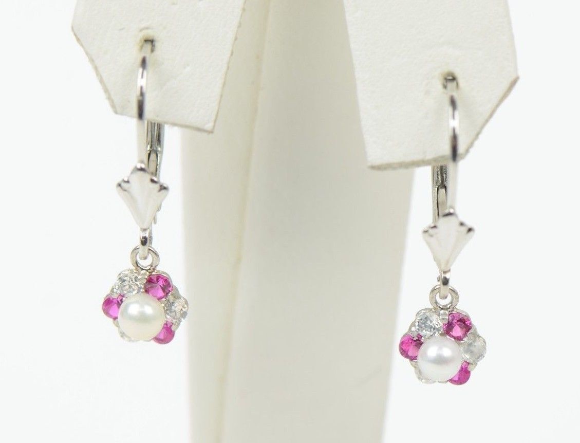 Sterling Silver 925 White Pearl Flower CZ Dangle Earrings