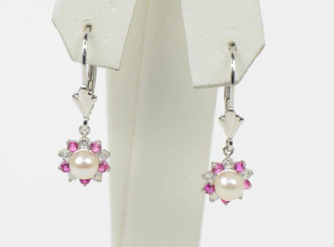 Sterling Silver 925 White Pearl Flower CZ Dangle Earrings