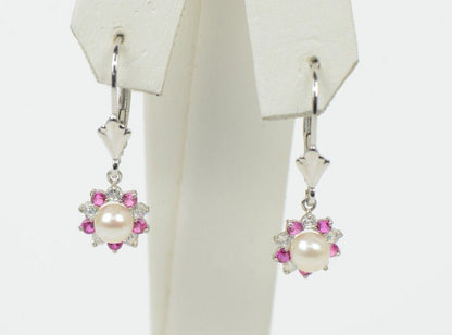 Sterling Silver 925 White Pearl Flower CZ Dangle Earrings