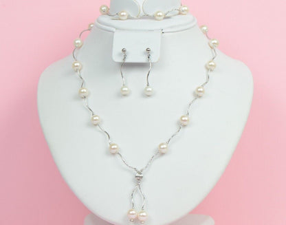 14k White Gold Charming Genuine White Pearls Set: Necklace, Bracelet, Earrings