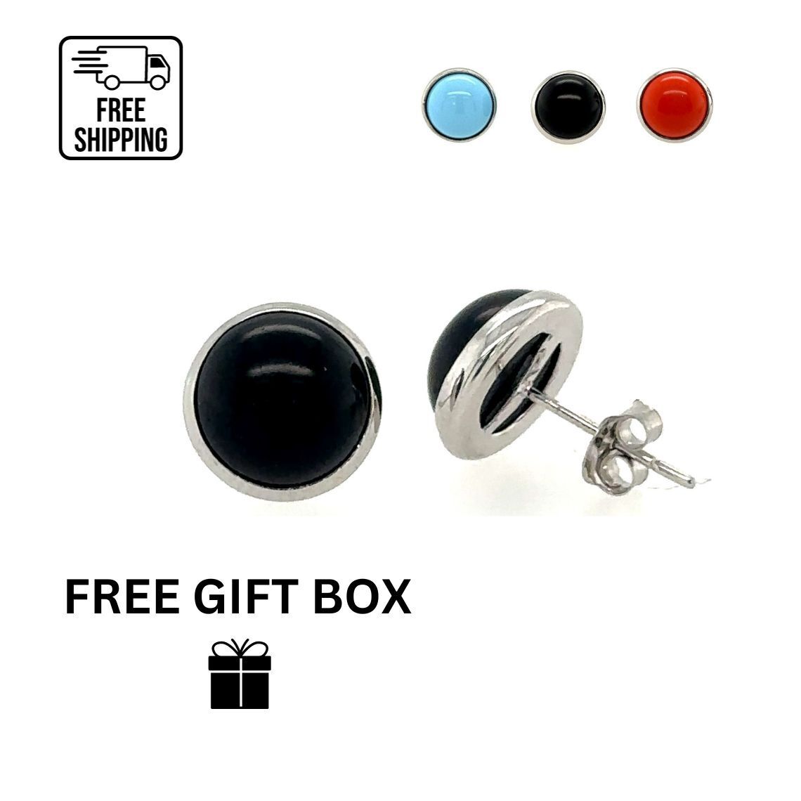 14K White Gold Turquoise/Onyx/Coral Push Back Solitaire Stud Earrings