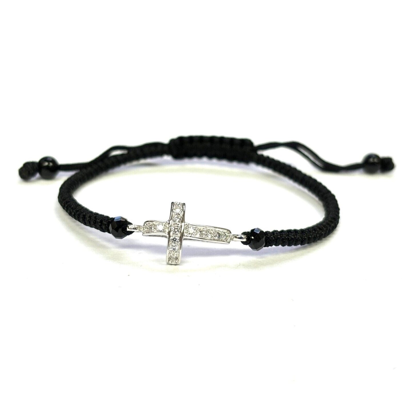 925 Sterling Silver String CZ Bracelet Cross 6" Adjustable to 11"