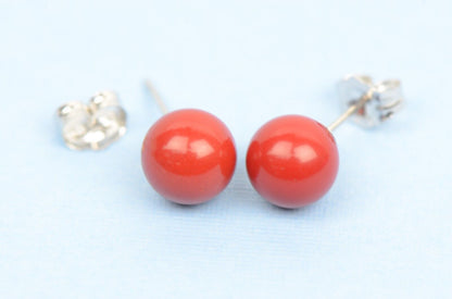 Sterling Silver 925 Red Round Coral Stud Earrings 4-8mm with Push Back