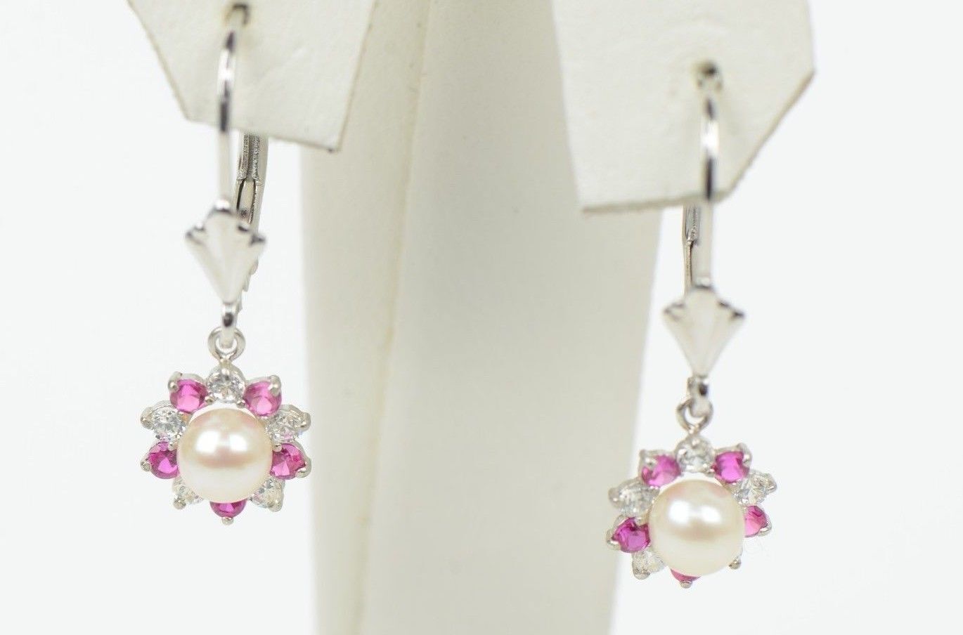 Sterling Silver 925 White Pearl Flower CZ Dangle Earrings