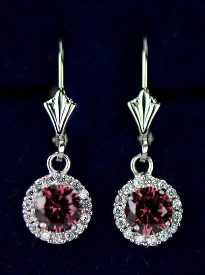 Sterling Silver 925  Halo Dangle Round Leverback Pierced Earrings Birthstone