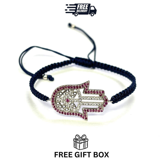 925 Sterling Silver  C Z Hamsa Bracelet 6" Adjustable to 11"