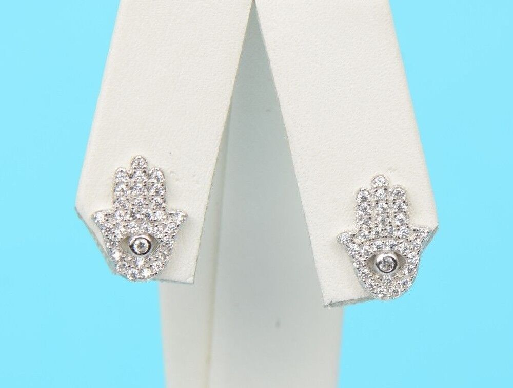 sterling silver hamsa earrings stud cz 925 evil eye white hand