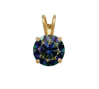 14K Gold GRA Certified D-VVS1 Round Rainbow Blue Moissanite Pendant