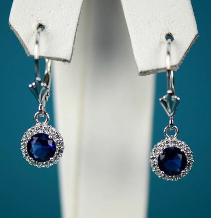 Sterling Silver 925  Halo Dangle Round Leverback Pierced Earrings Birthstone