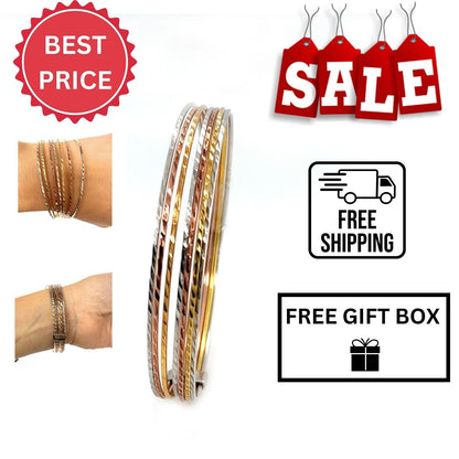 Set of Seven Diamond Cut Seminario Bangles Rhodium Finished Sterling Silver