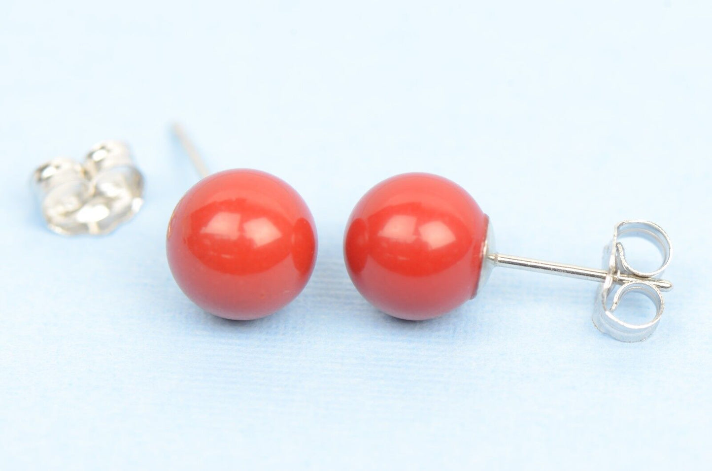 Sterling Silver 925 Red Round Coral Stud Earrings 4-8mm with Push Back