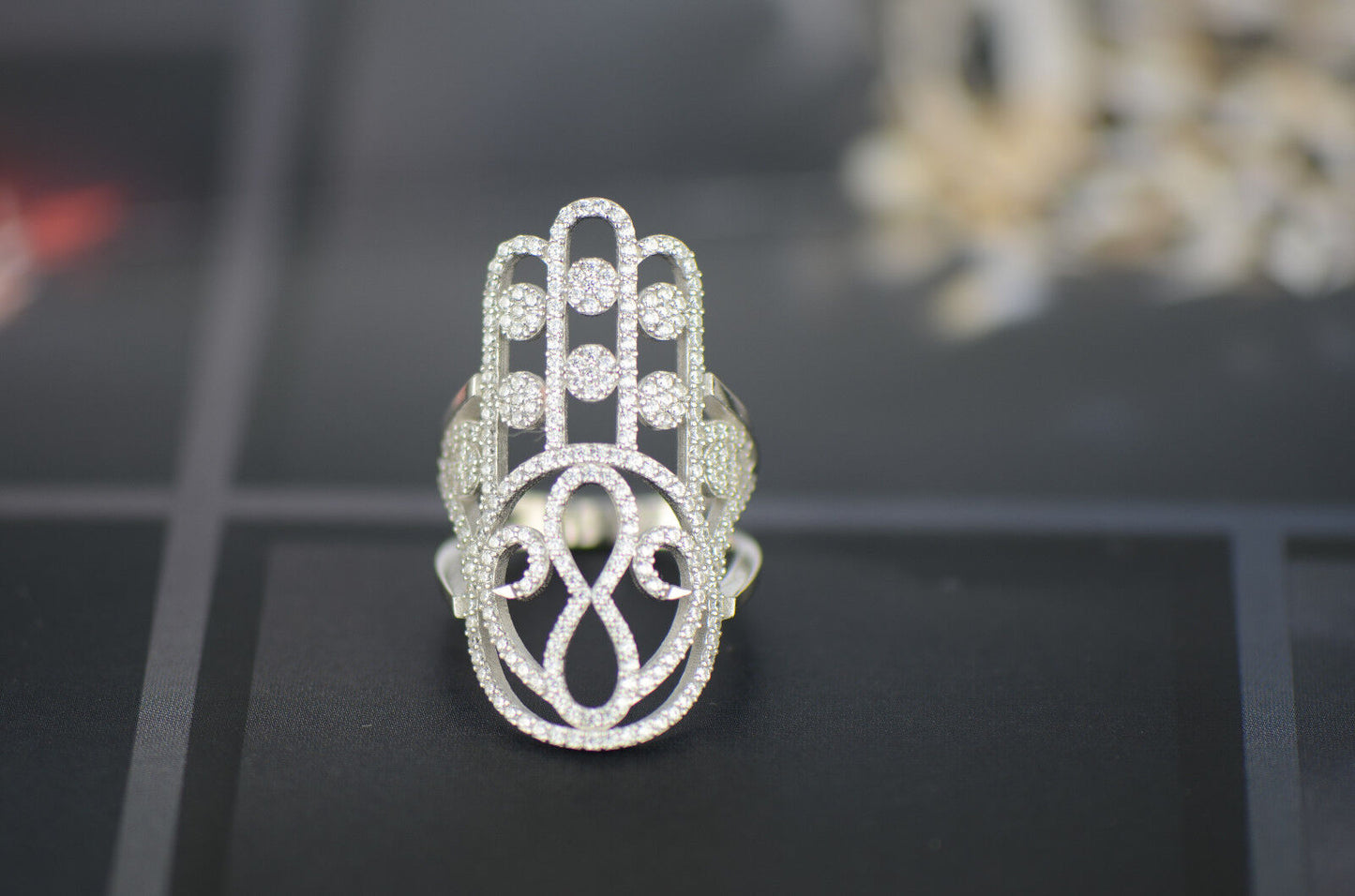 Sterling Silver Hamsa Love Infinity CZ Micro Pave Ring