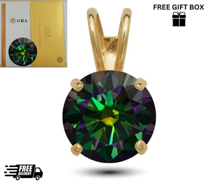 14K Gold GRA Certified D-VVS1 Round Rainbow Green Moissanite Pendant